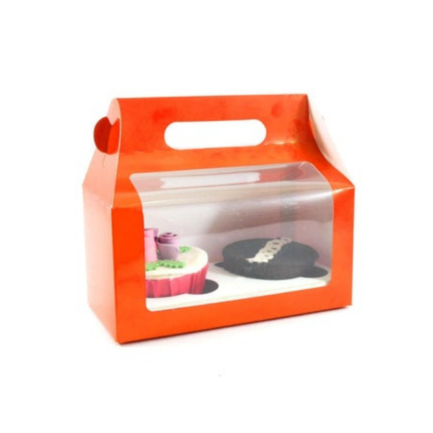 Gift Box with Handles Windowed  with Recycled Material -Orange or PolkaDot Color